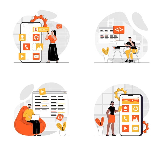 UI UX development concept with character set Collection of scenes people creating user interface layouts working with programming code and making mobile app Vector illustrations in flat web design