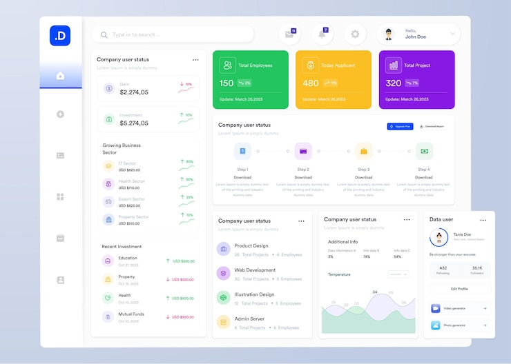Vector ui ux infographic dashboard ui design with graphs charts and diagrams web interface template