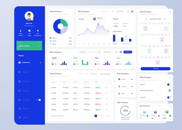 Vector ui ux infographic dashboard ui design with graphs charts and diagrams web interface template