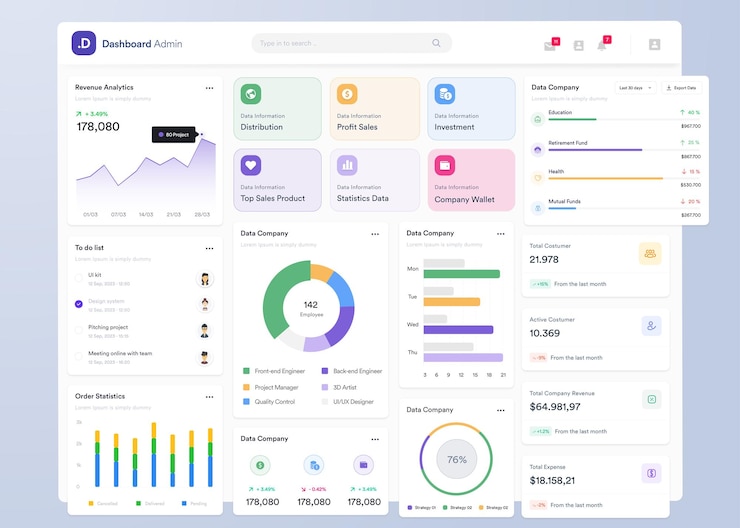 Vector ui ux infographic dashboard ui design with graphs charts and diagrams web interface template