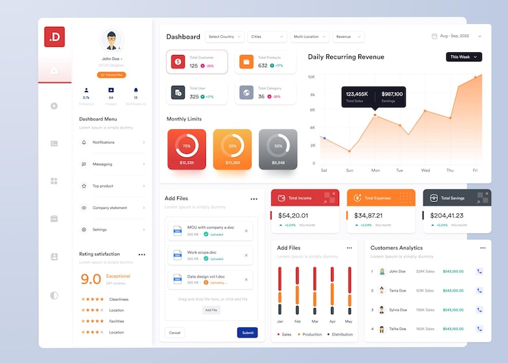 Vector ui ux infographic dashboard ui design with graphs charts and diagrams web interface template