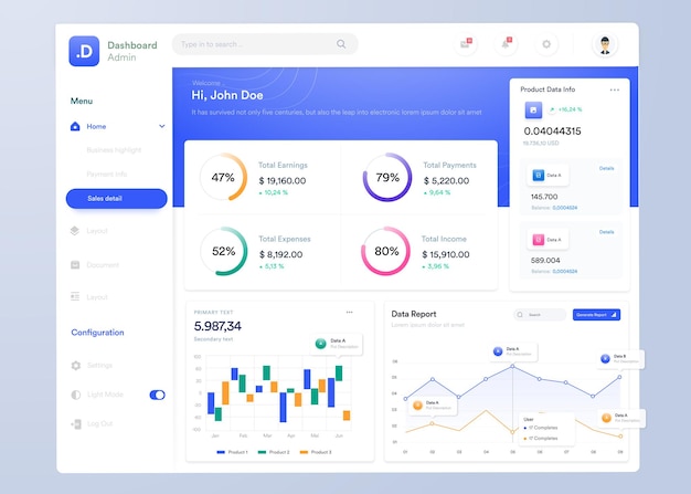 UI UX Infographic dashboard UI-ontwerp met grafieken grafieken en diagrammen Webinterfacesjabloon