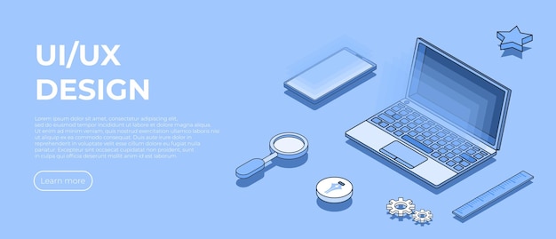 Ui UX isometric design landing page Design laptop and mobile phone app Vector illustration concept