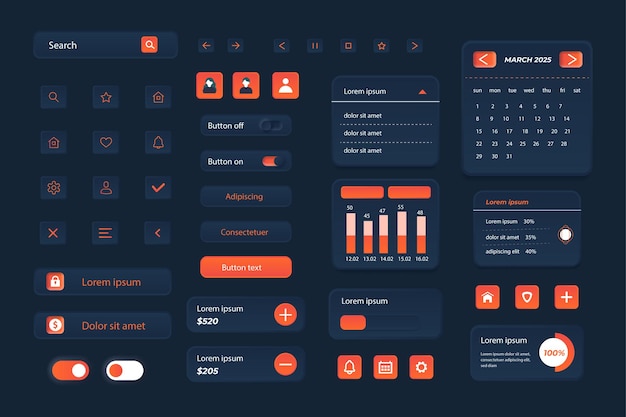 Набор UI UX для приложений и дизайна пользовательского интерфейса веб-сайта с градиентным цветом и реалистичной тенью
