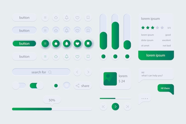 Kit ui ux per app e progettazione dell'interfaccia utente di siti web con colori sfumati e ombreggiatura realistica