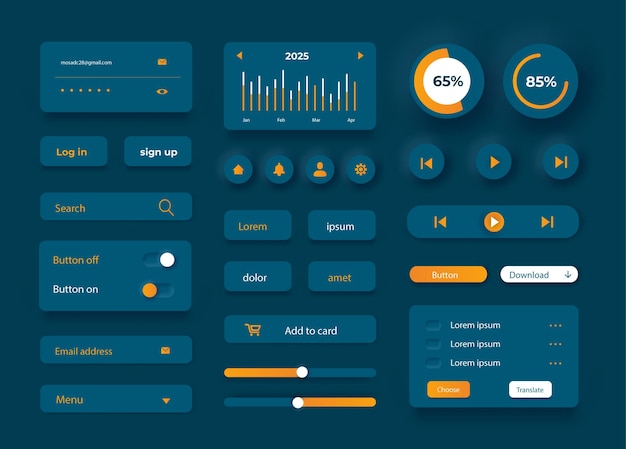 Vector ui ux-kit voor apps en website ui-ontwerp met verloopkleur en realistische slagschaduw donkere modus