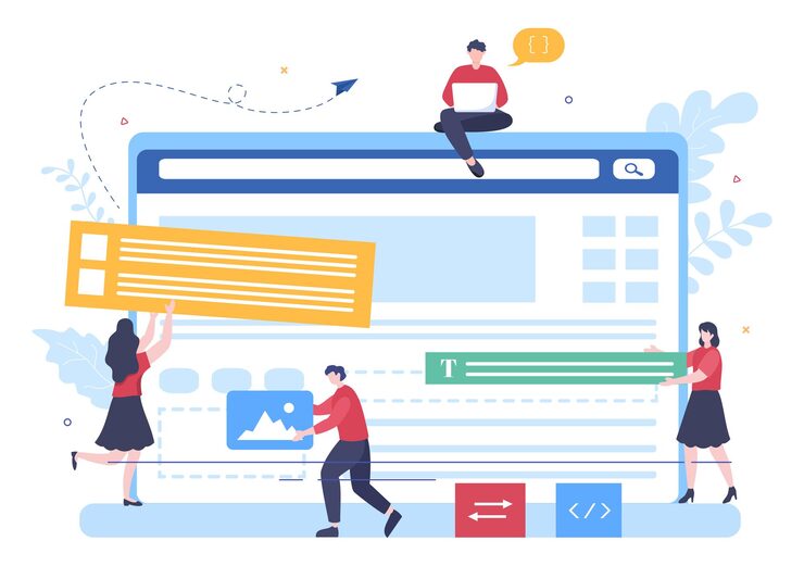 Vector 디자이너, 코딩, 인터페이스 또는 소프트웨어 앱 개발을 통해 비즈니스 정보 및 팀 공유 아이디어를 위한 ui 및 ux 프로그래머 평면 디자인 벡터 일러스트