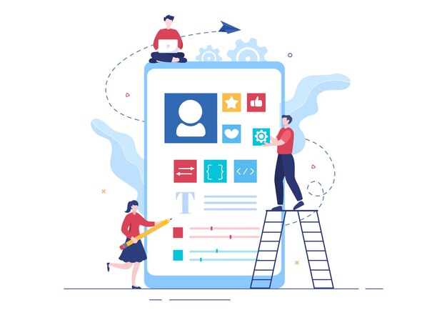 ui & ux programmer flat design vector illustration for business information and team sharing ideas with designer, coding, interface or software app development