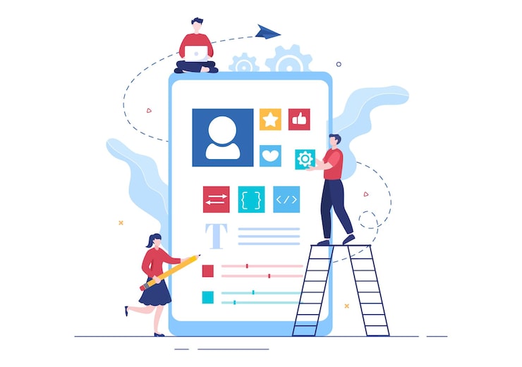 Vector ui 和 ux 程序员平面设计向量插图用于商业信息和团队共享想法与设计师,编码,界面或软件应用程序开发