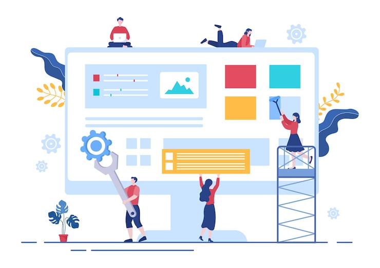 Vector 디자이너, 코딩, 인터페이스 또는 소프트웨어 앱 개발을 통해 비즈니스 정보 및 팀 공유 아이디어를 위한 ui 및 ux 프로그래머 평면 디자인 벡터 일러스트