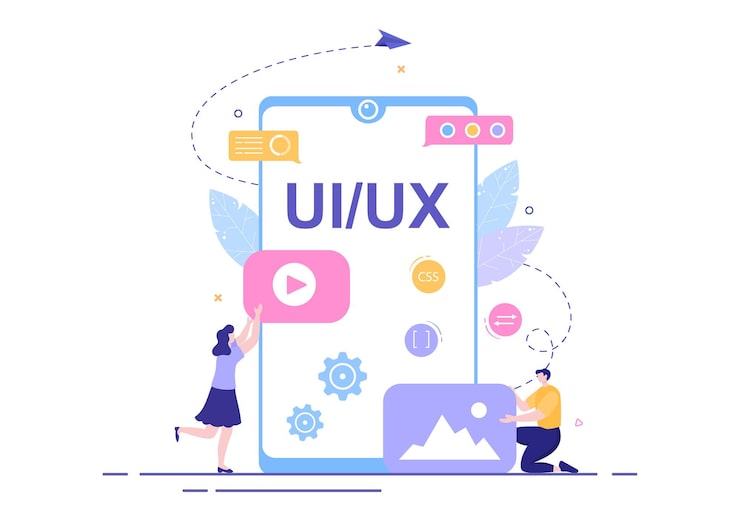 Vector ui & ux programmer flat design vector illustration for business information and team sharing ideas with designer, coding, interface or software app development