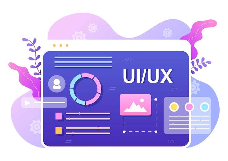 Vector ui & ux programmer flat design vector illustration for business information and team sharing ideas with designer, coding, interface or software app development