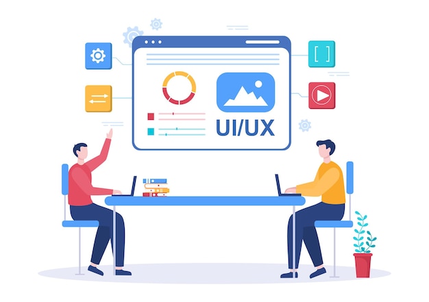 デザイナー、コーディング、インターフェース、またはソフトウェアアプリ開発とのビジネス情報とチーム共有のアイデアのためのui＆uxプログラマーフラットデザインベクトルイラスト