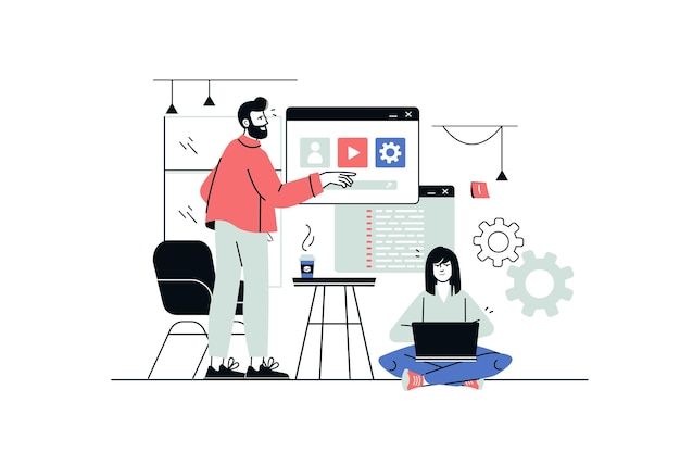 UI UX programming concept in flat line design Development team creates user interface arranges
