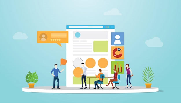 Ui ux user interface and user experience design concept development with team people and browser with modern flat style.