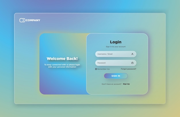 Ui website login pagina glasmorfisme stijl ontwerp