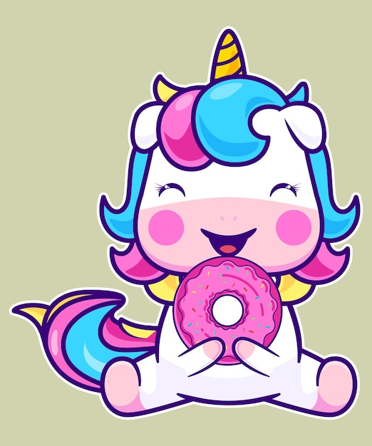 Vector uicorn holding donut and eating donut sticker