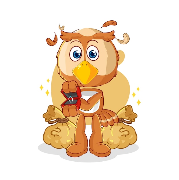 Uil stelt voor met ring cartoon mascotte vector