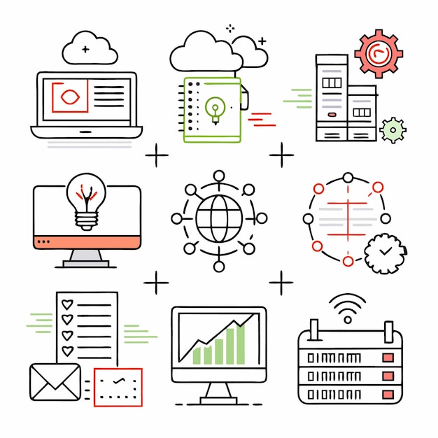 Uitgebreide IT-oplossingen Iconen Cloud Computing Data Analytics en Cybersecurity