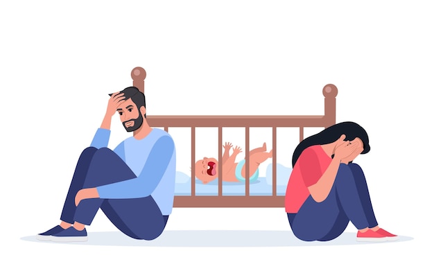 Uitgeputte ouders bij de wieg met huilende baby Droevige vrouw die op de grond zit te huilen en haar knieën knuffelt Vermoeide vader met hoofdpijn Jonge ouders hebben psychologische hulp nodig Vector illustratie