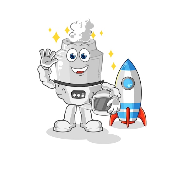 Uitlaat astronaut zwaaien karakter cartoon mascotte vector