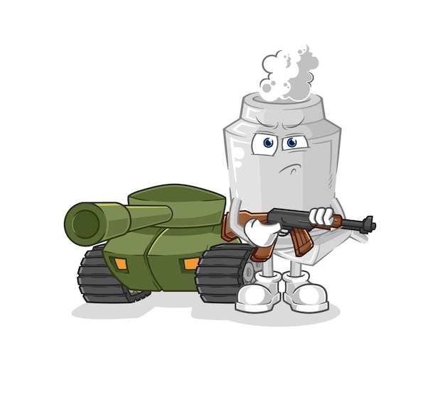 Uitlaat soldaat met tank karakter cartoon mascotte vector