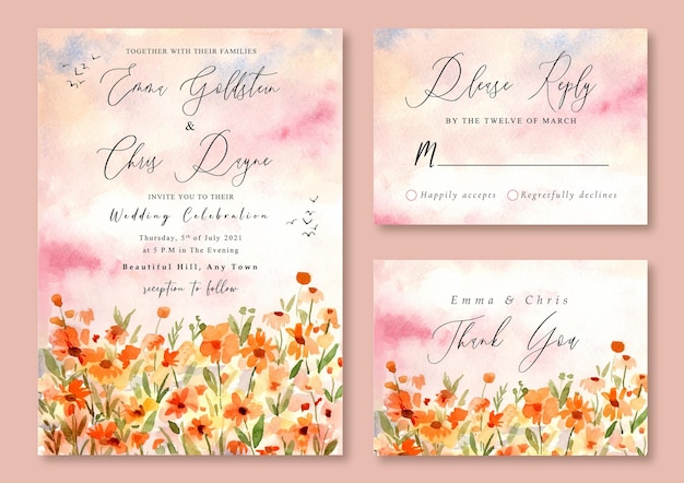 Uitnodiging bruiloft met aquarel landschap van bloemen veld