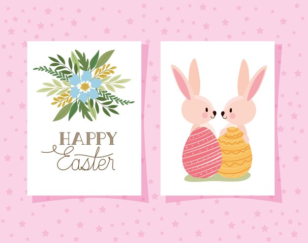 Uitnodiging met happy easter belettering en twee roze konijnen met paaseieren op een roze achtergrond afbeelding ontwerp