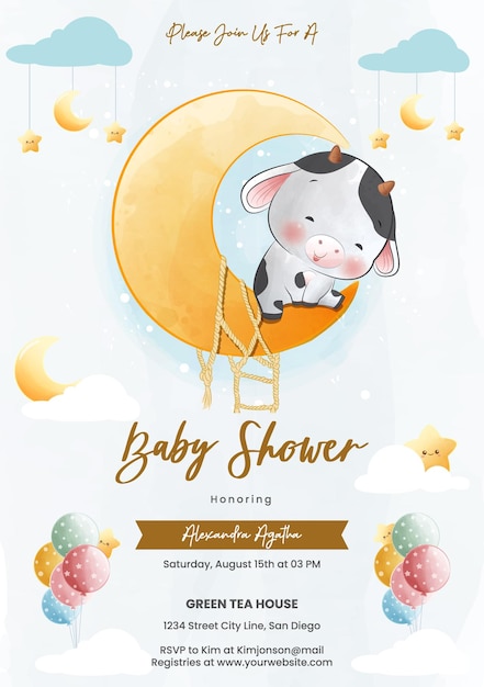 Uitnodiging van het baby shower van de stijl van de waterverf leuk weinig zittend van de koe op een toenemende maan