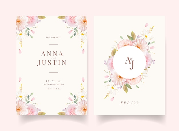 Uitnodiging voor bruiloft met aquarel roze rozen en dahlia