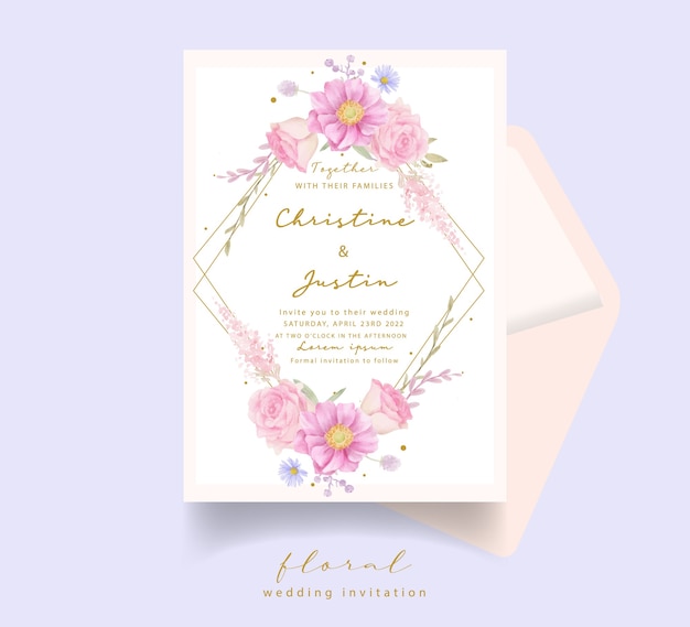 Uitnodiging voor bruiloft met aquarel rozen en anemoon bloemen