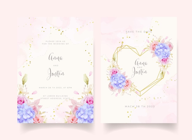 Uitnodiging voor bruiloft met aquarel rozen en blauwe hortensia bloem
