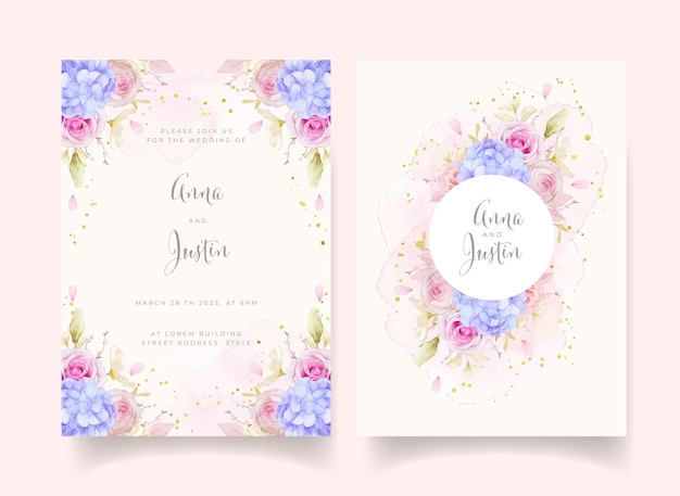 Uitnodiging voor bruiloft met aquarel rozen en blauwe hortensia bloem