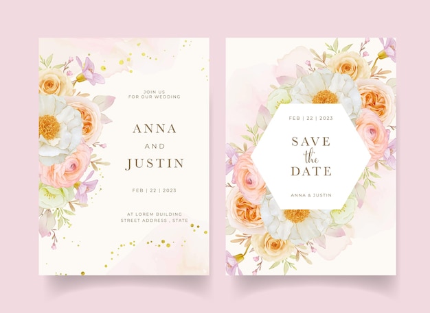 Uitnodiging voor bruiloft met aquarel rozen pioenroos en boterbloem bloem