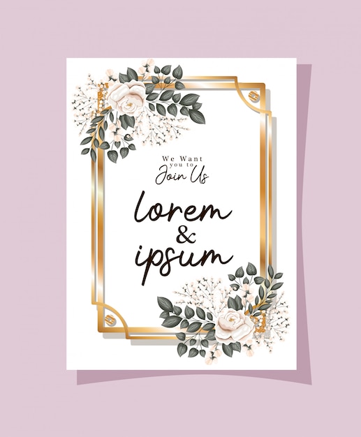 Uitnodiging voor bruiloft met gouden frame roze bloemen en bladeren