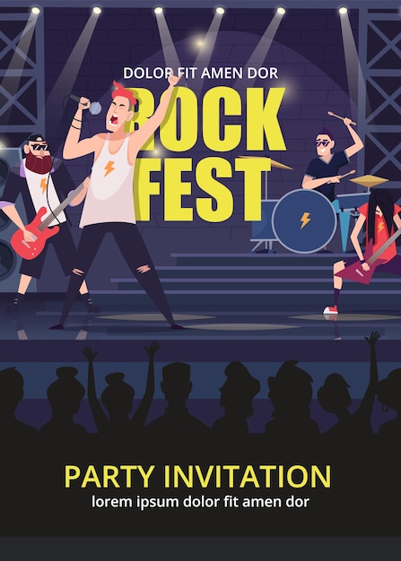 Uitnodiging voor rockfeest Print posterontwerp voor muziek rockprestatie flyer met muzikanten rockband chic vector plakkaat met plaats voor tekst van poster rockmuziek ontwerp illustratie