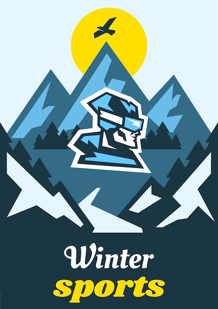 Uitnodiging voor wintersport Reclame rustplaats Logo skiër gezicht Horizontale weergave van een winterlandschap Bergbos Vectorillustratie