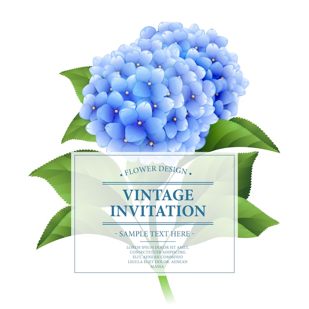 Uitnodigingskaart. blauwe hortensia bloemen.