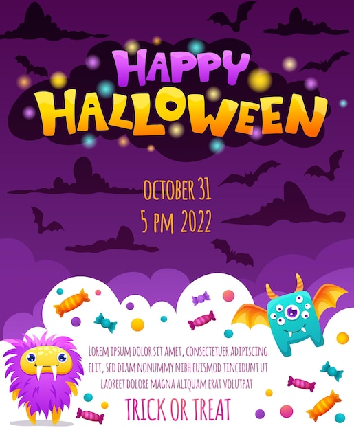 Uitnodigingskaart voor Halloween-feestje Kindersjabloon Creatieve poster met schattige monsters vleermuizen pompoenen