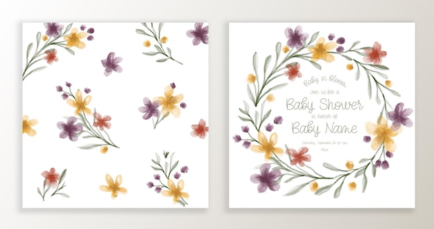 Uitnodigingssjabloon voor baby shower met aquarel bloemen en typografische ontwerpelementen