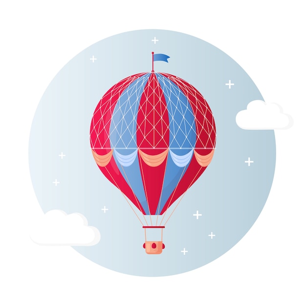 Uitstekende retro hete luchtballon met mand in hemel die op achtergrond wordt geïsoleerd. cartoon ontwerp