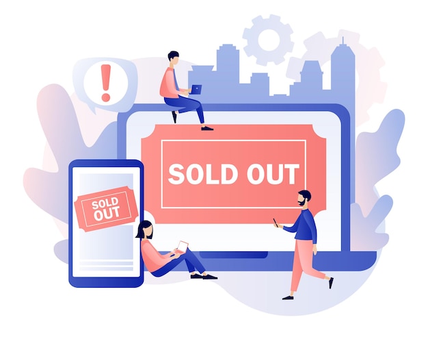 Uitverkocht evenement uitverkocht menigte geen tickets beschikbaar concept Tiny people gebruiken online boekingssysteem