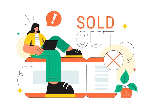 Uitverkochte vectorillustratie met een boodschap over winkelen of een speciale aanbieding die aangeeft dat het product wordt verkocht op een platte cartoon-achtergrond