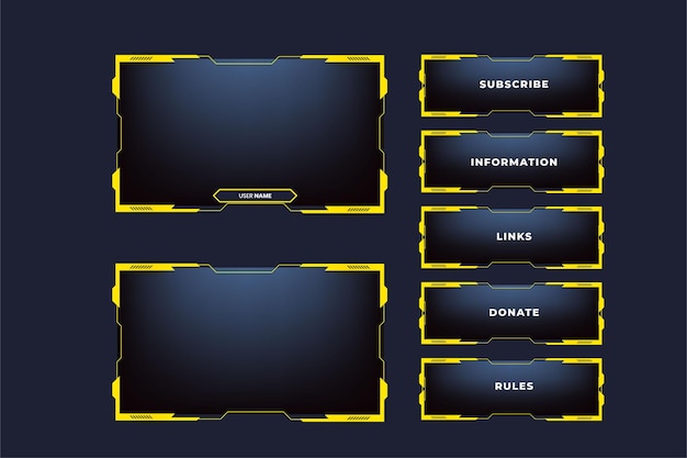 Uitzendscherminterfaceontwerp met knopelementen voor live streaming schermen Futuristisch stream overlay vectorontwerp Online gaming overlay vector met gele kleurvormen op een donkere achtergrond