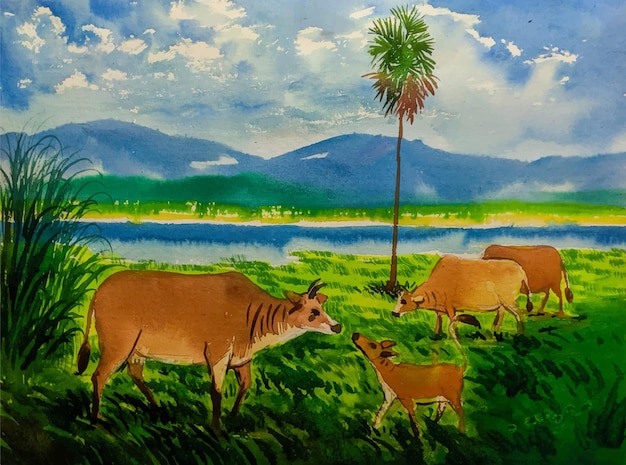 Uitzicht op de bergen met koeien die gras eten in het veld aquarel landschap schilderij illustratie