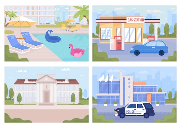 Uitzicht op de moderne stad en het zwembad egale kleur vector illustraties set