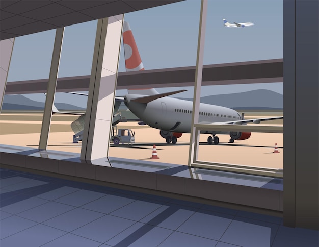 Uitzicht op een passagiersvliegtuig vanuit het raam van de luchthaventerminal Vector