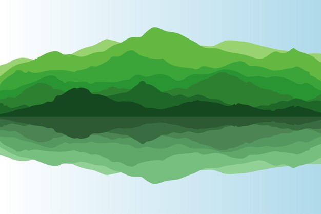 Vector uitzicht op groene bergen met reflectie in het meer vector illustratie