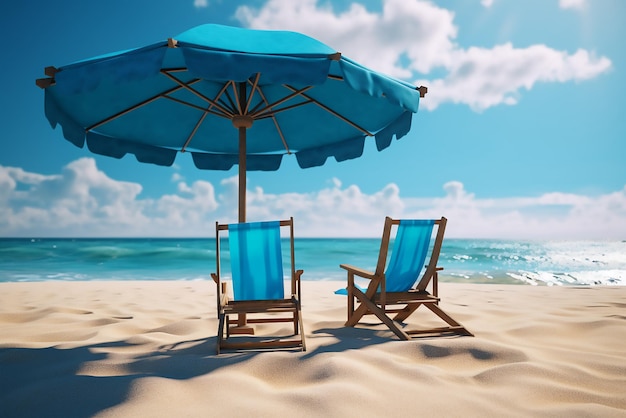 Uitzicht op twee stoelen en parasols op de strandhemel Zomervakantie concept bestaat uit reiswebsite