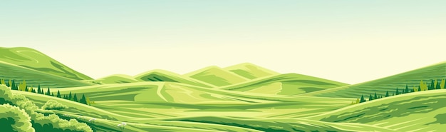 uitzicht op uitgestrekte groene heuvels en valleien onder heldere blauwe hemel